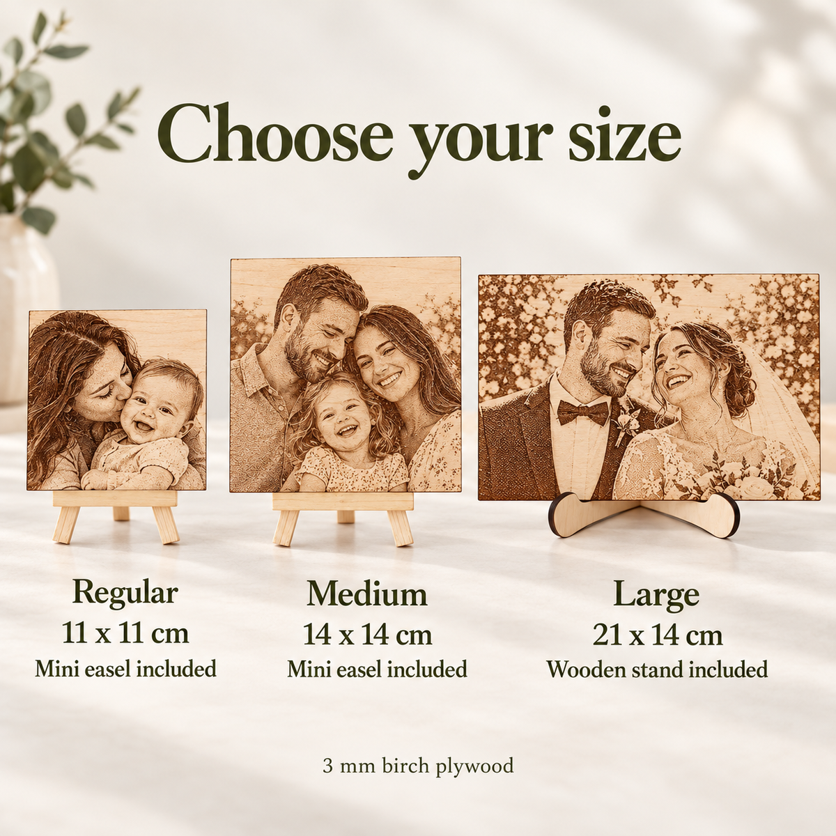 Size guide showing Regular 11 by 11 cm and Medium 14 by 14 cm plaques with mini easels, and Large 14 by 21 cm plaque with wooden stand