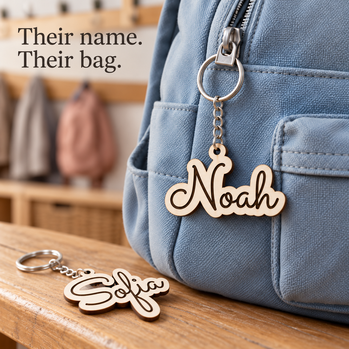 A wooden Noah name keyring attached by its silver-tone ring and chain to a blue children's backpack.