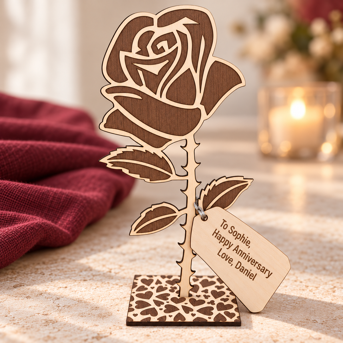 Personalised everlasting rose anniversary gift for Sophie displayed beside candlelight