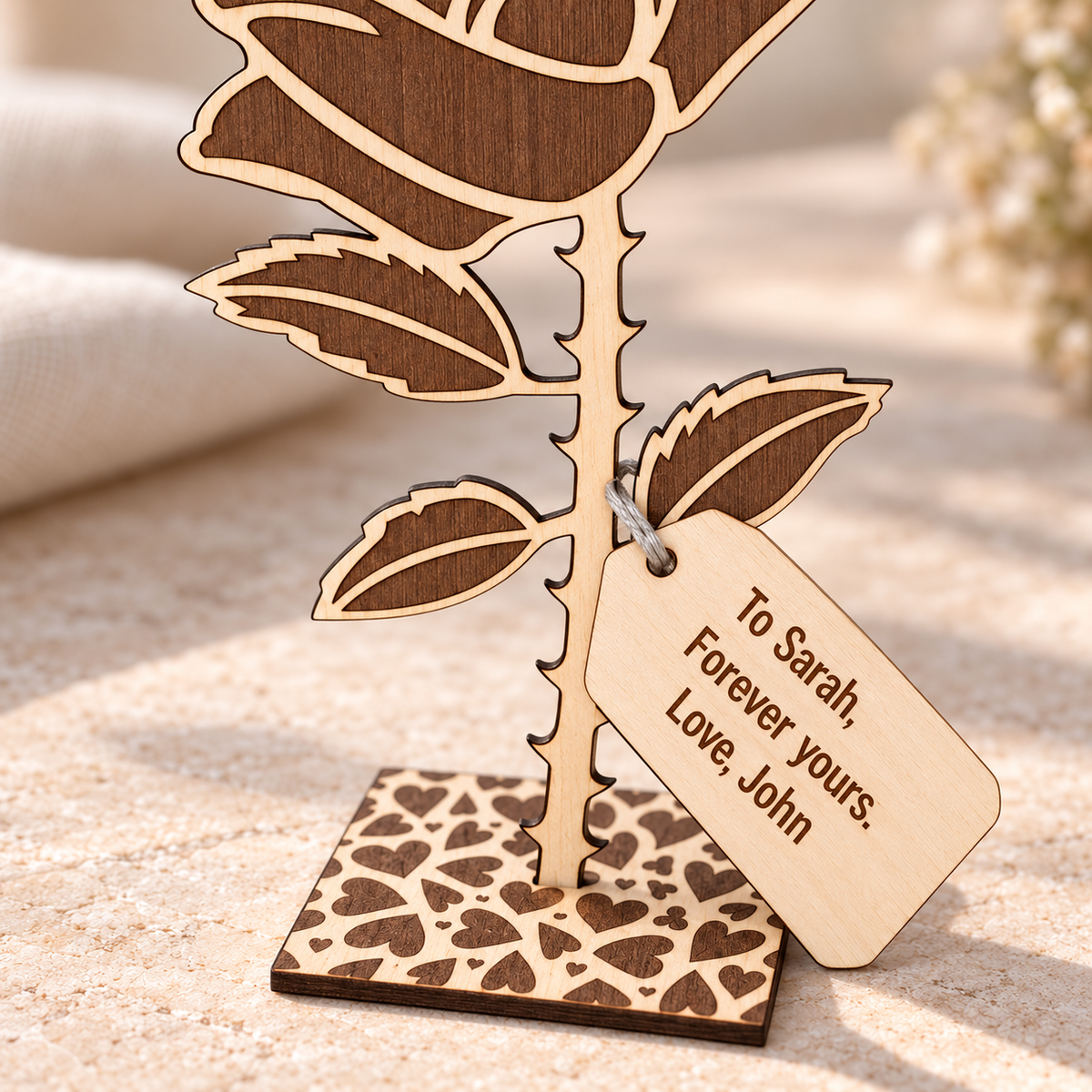 Close-up of engraved wooden leaves, personalised message tag and heart-patterned base