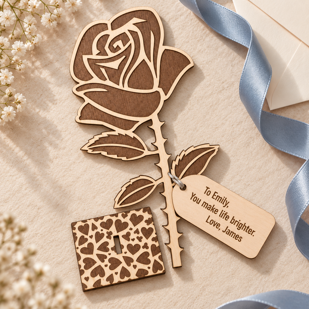 Wooden everlasting rose with a message for Emily, heart-engraved stand and blue ribbon