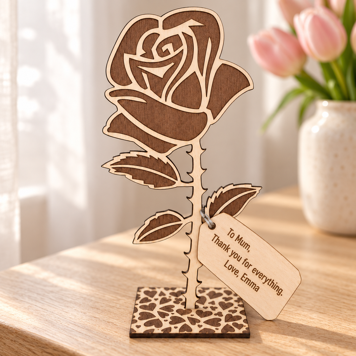 Everlasting wooden rose with a personalised thank-you message for Mum