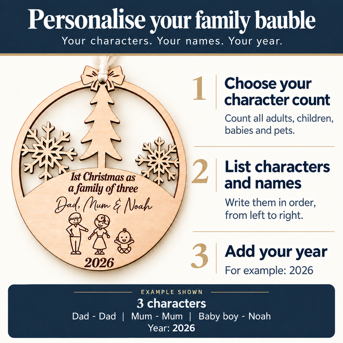How to personalise a family Christmas bauble: choose the character count, list characters and names from left to right, and add a year