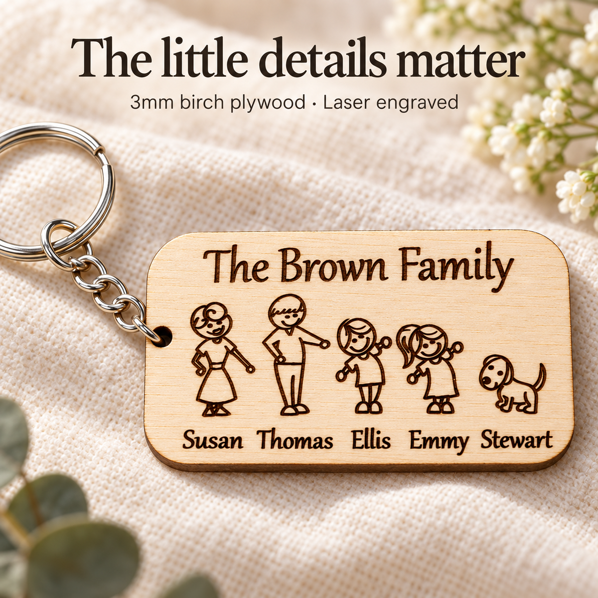 Close-up of family characters and names laser engraved into 3mm birch plywood