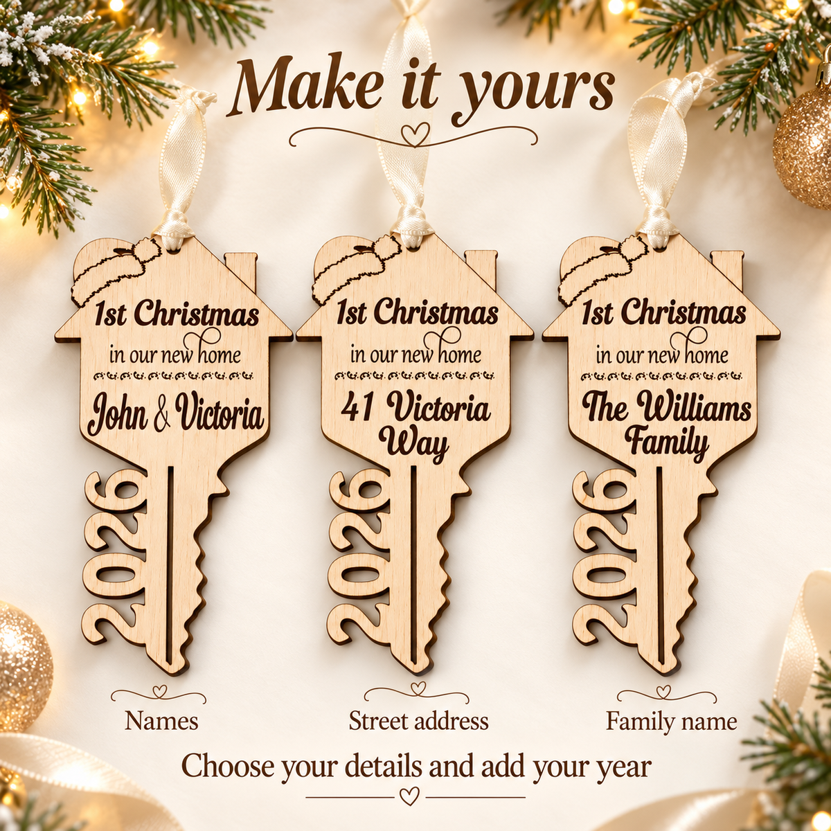Three personalised new home key ornament designs with names, street address or family name and the year 2026