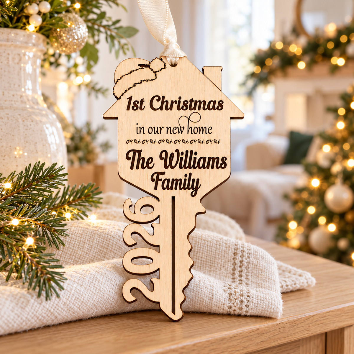 The Williams Family first Christmas in new home wooden key ornament with 2026 in a warm festive living room