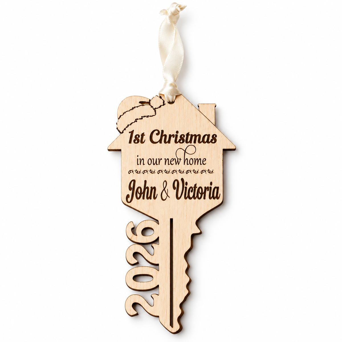 Wooden first Christmas in new home key bauble with John and Victoria and a cut-out 2026 year on a white background