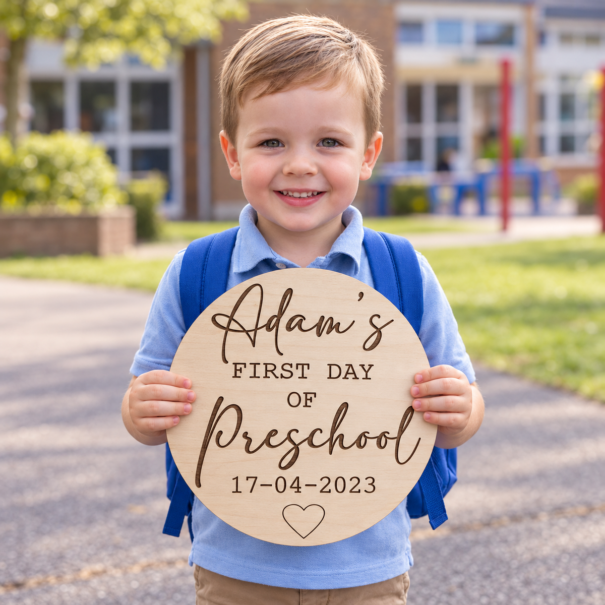 Child holding an engraved Adam’s first day of Preschool wooden sign outside school