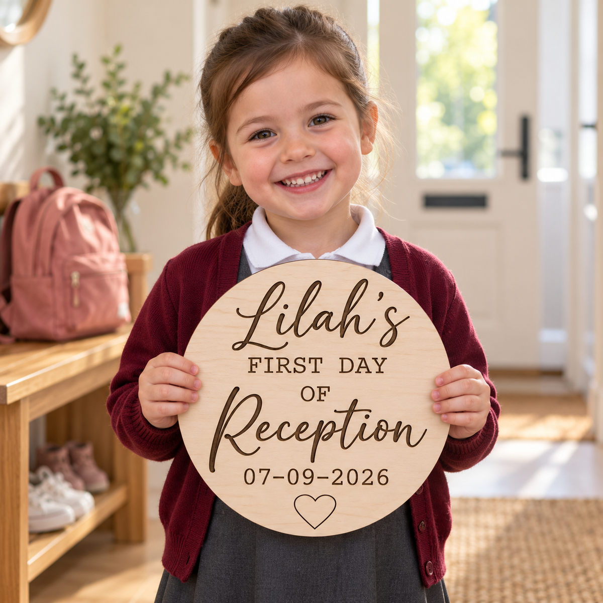 Girl holding a personalised Lilah’s first day of Reception wooden plaque