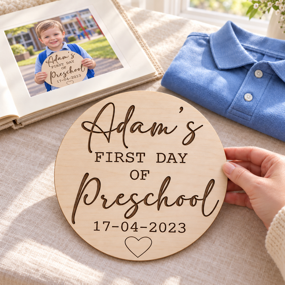 Adam’s first day of Preschool wooden keepsake beside a school photograph and blue uniform