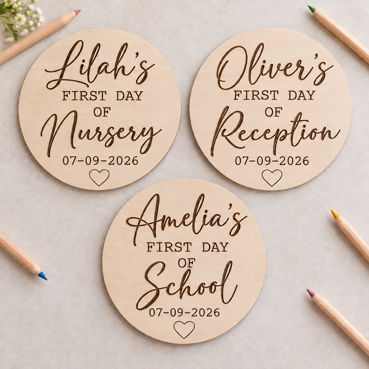 Engraved first day signs for Lilah’s Nursery, Oliver’s Reception and Amelia’s School