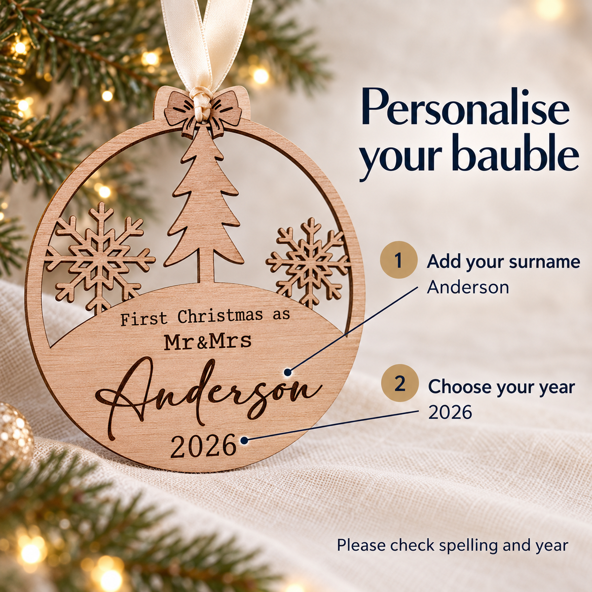 How to personalise your first married Christmas bauble: add your surname and choose your year, then check spelling