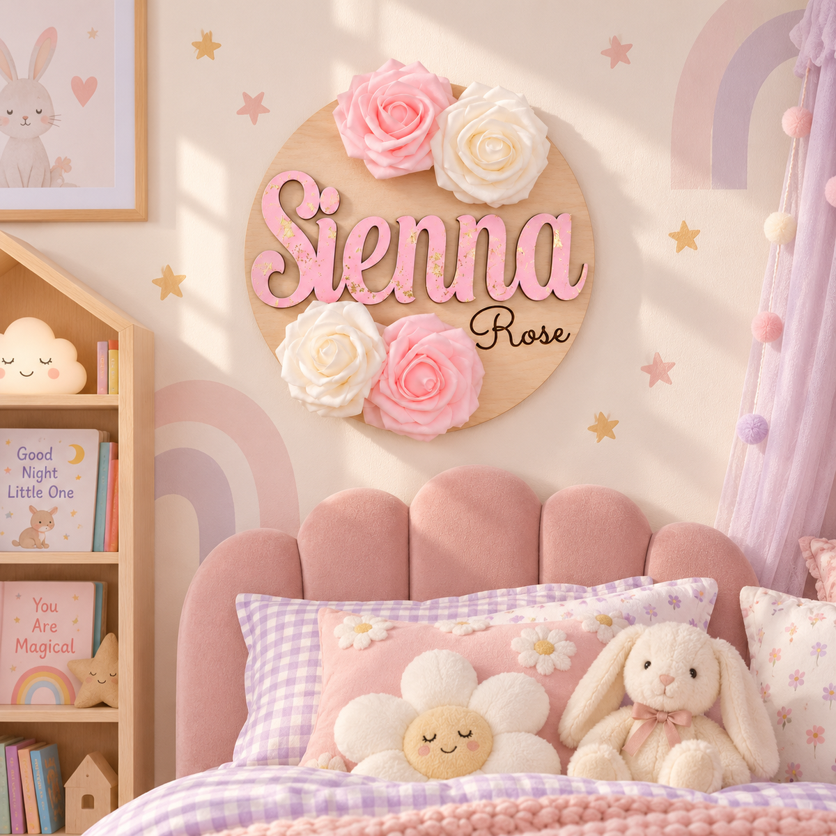 Personalised floral wooden name sign with pink Sienna lettering and roses in a girls bedroom