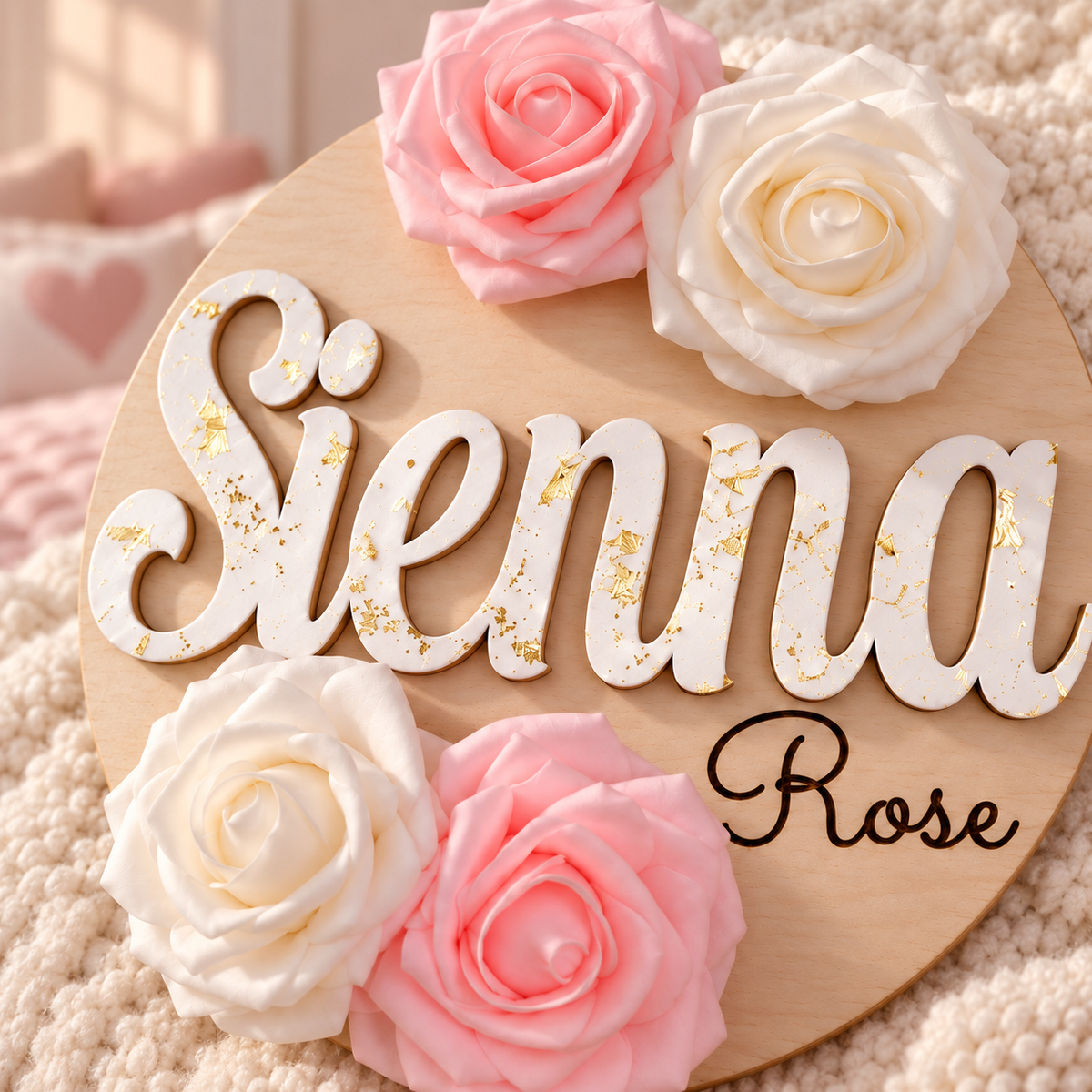 Close-up of white raised wooden name letters with gold flake detailing and engraved second name