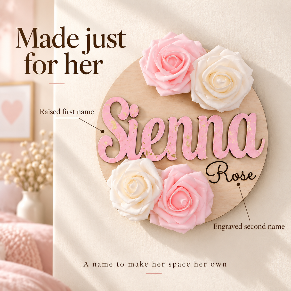 Personalisation guide showing raised first name and optional engraved second name