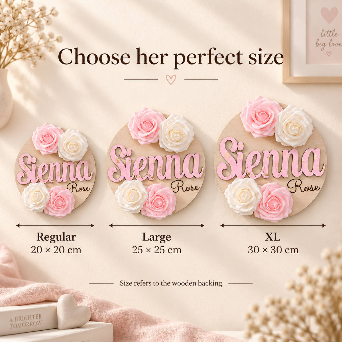 Floral name sign size comparison: Regular 20 cm, Large 25 cm and XL 30 cm