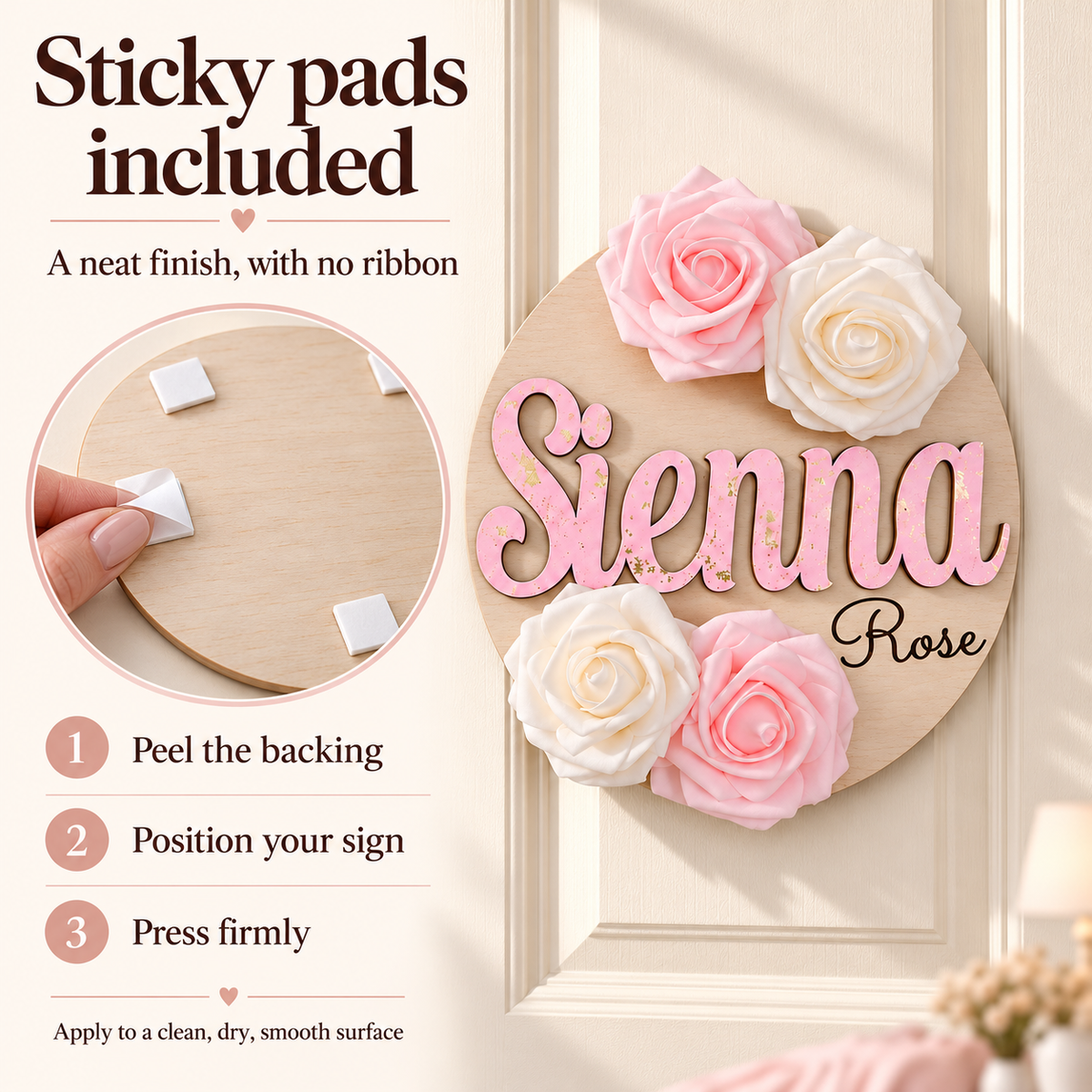 Sticky pads included for attaching the floral name sign to a clean smooth surface
