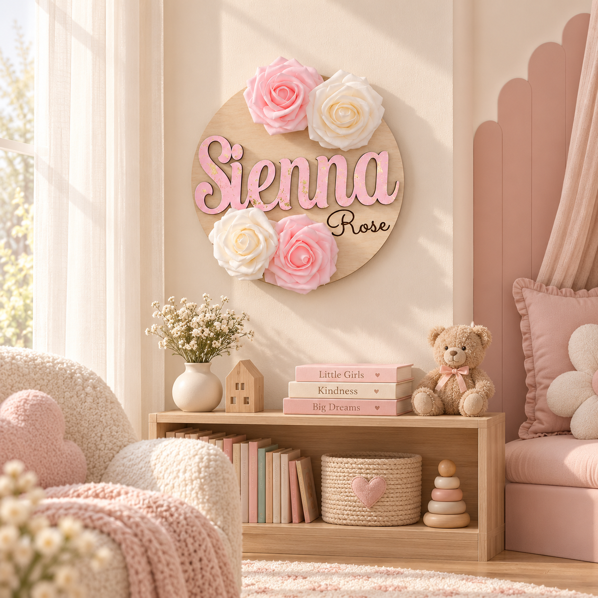 Sienna Rose floral nursery name sign styled on a girls bedroom wall