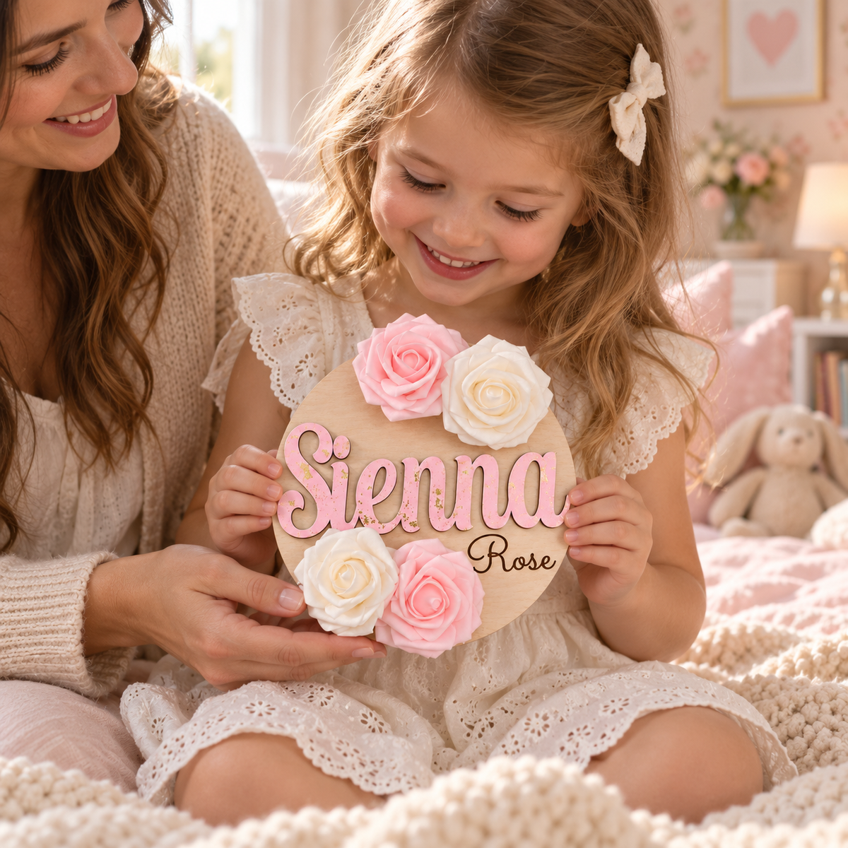 Mother and daughter holding a personalised pink floral name plaque