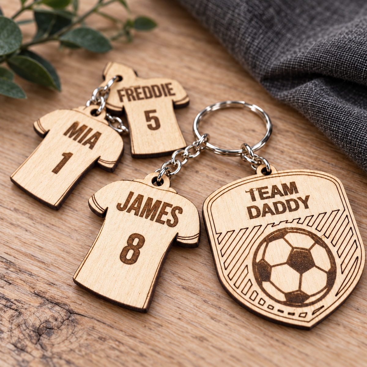 Close-up of laser-engraved names and numbers on natural birch plywood football shirt charms