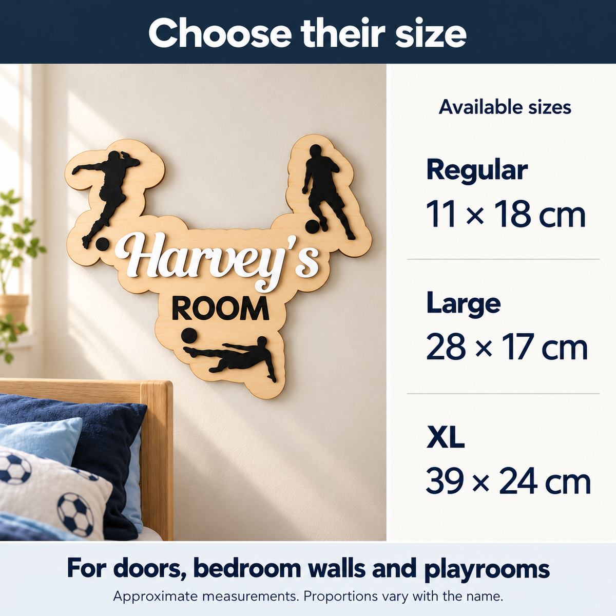 Football plaque size guide: Regular approximately 11 by 18 cm, Large 28 by 17 cm and XL 39 by 24 cm; proportions vary with the name.