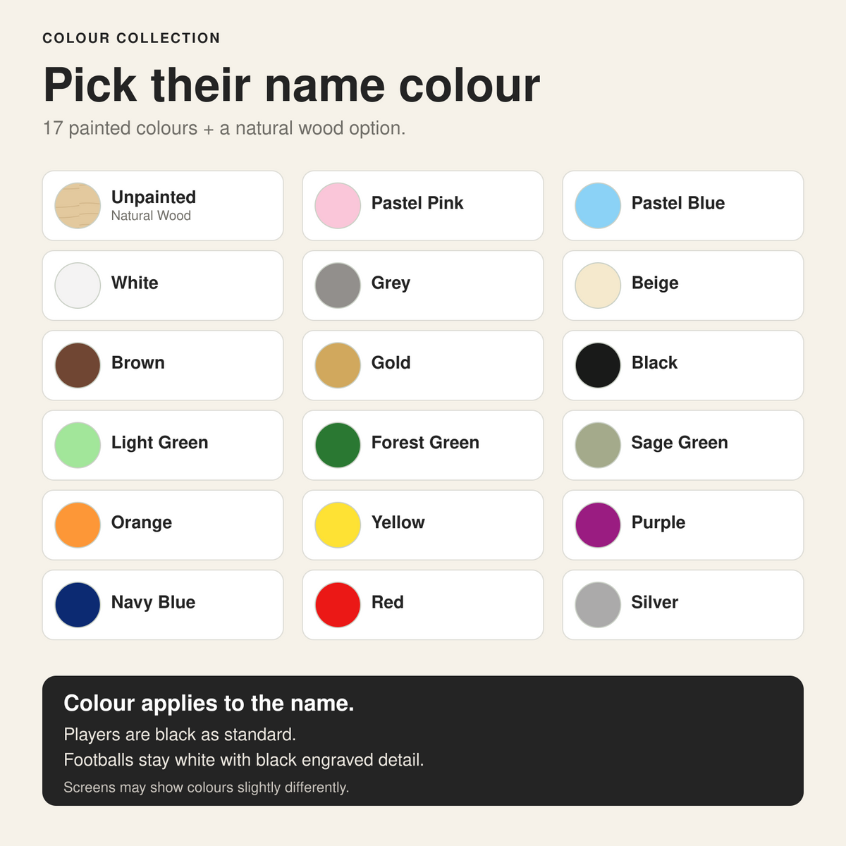 Name colour chart with 17 painted finishes and an Unpainted natural wood option for the football wall decor set.