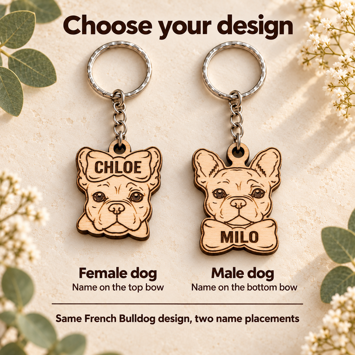 French Bulldog keyring designs compared: CHLOE on the female top bow and MILO on the male bottom bow