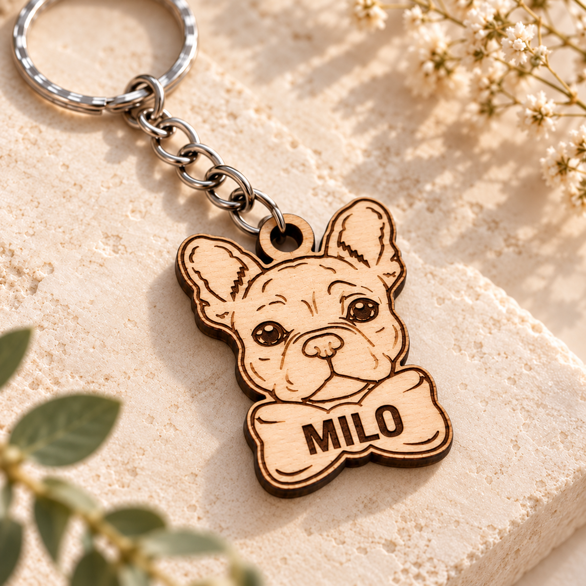 Close-up of dark laser engraving on a French Bulldog portrait and MILO name on natural birch plywood