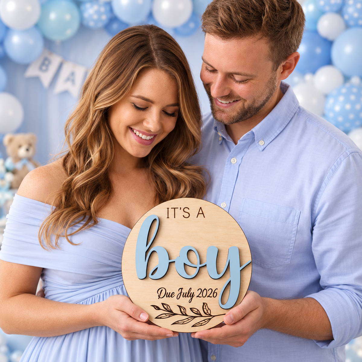 It's a Boy wooden gender reveal plaque held by expectant parents, with Due July 2026 engraving