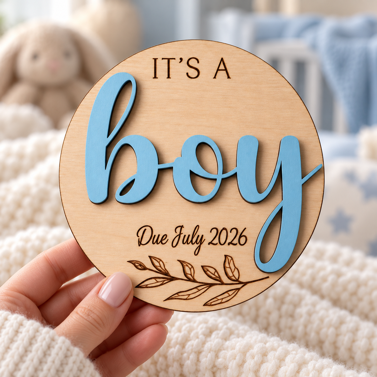 It's a Boy wooden gender reveal plaque held in one hand, with Due July 2026 engraving