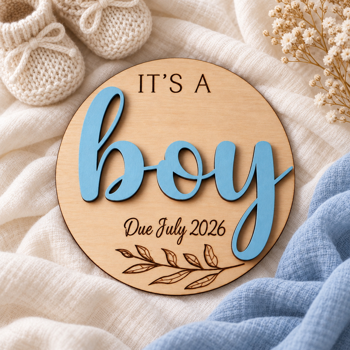 It's a Boy wooden gender reveal plaque with knitted baby booties and Due July 2026 engraving