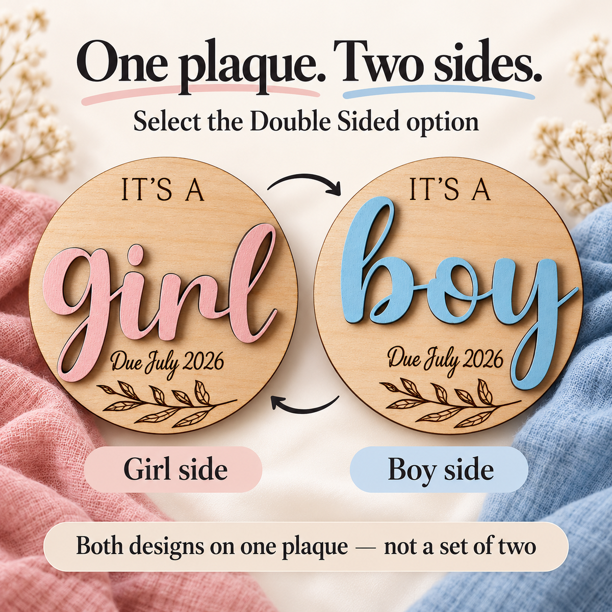 Girl and Boy sides of one double-sided gender reveal plaque, with Due July 2026 engraving
