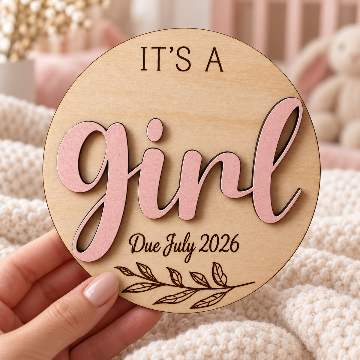 It's a Girl wooden gender reveal plaque held in one hand, with Due July 2026 engraving