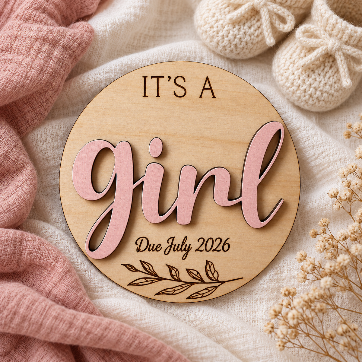 It's a Girl wooden gender reveal plaque with knitted baby booties, with Due July 2026 engraving