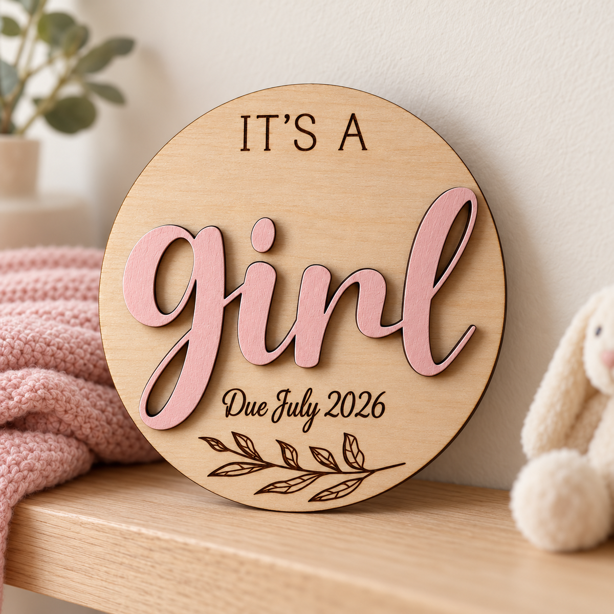 It's a Girl wooden gender reveal plaque displayed on a nursery shelf, with Due July 2026 engraving