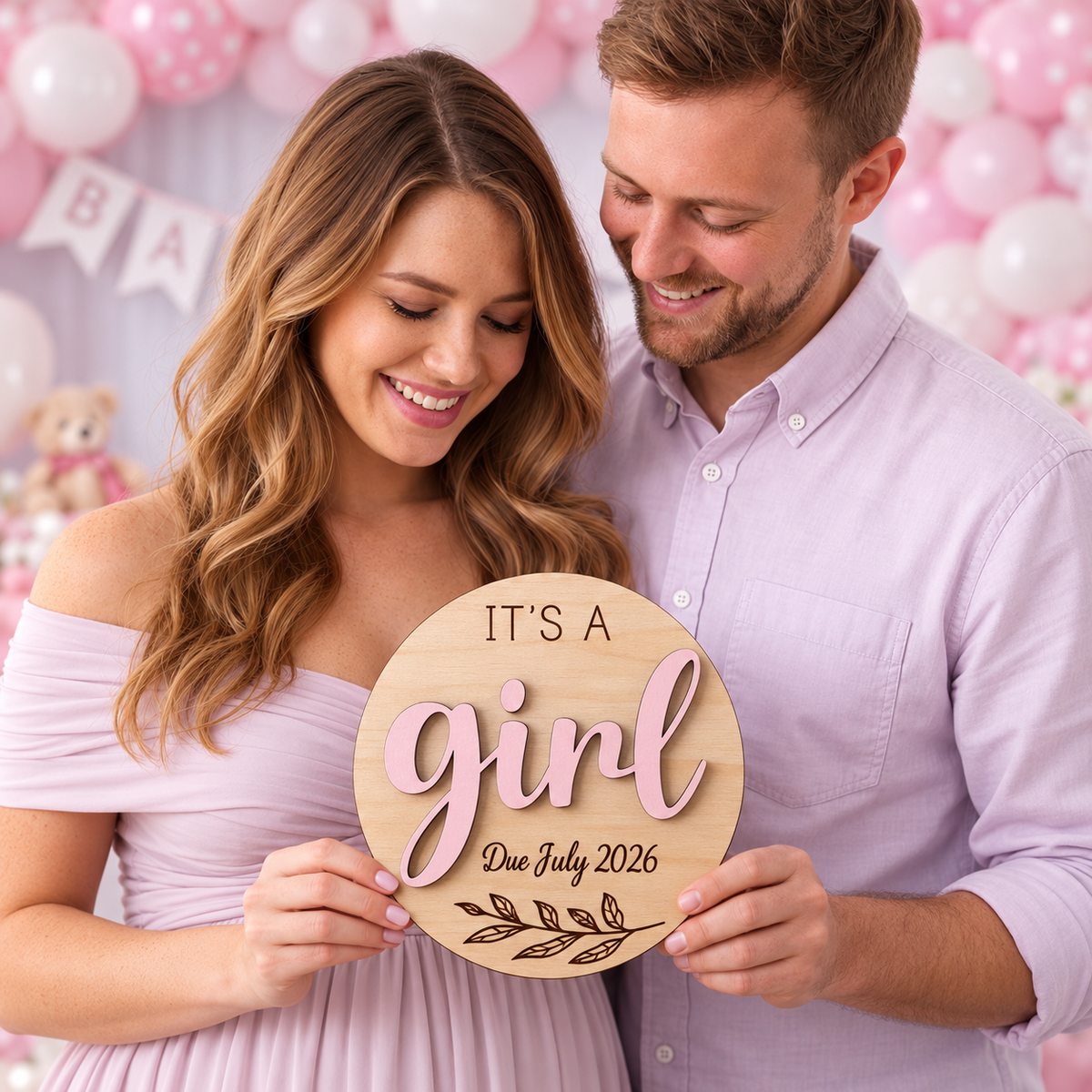 It's a Girl wooden gender reveal plaque with raised pink letters and dark Due July 2026 engraving, held by expectant parents