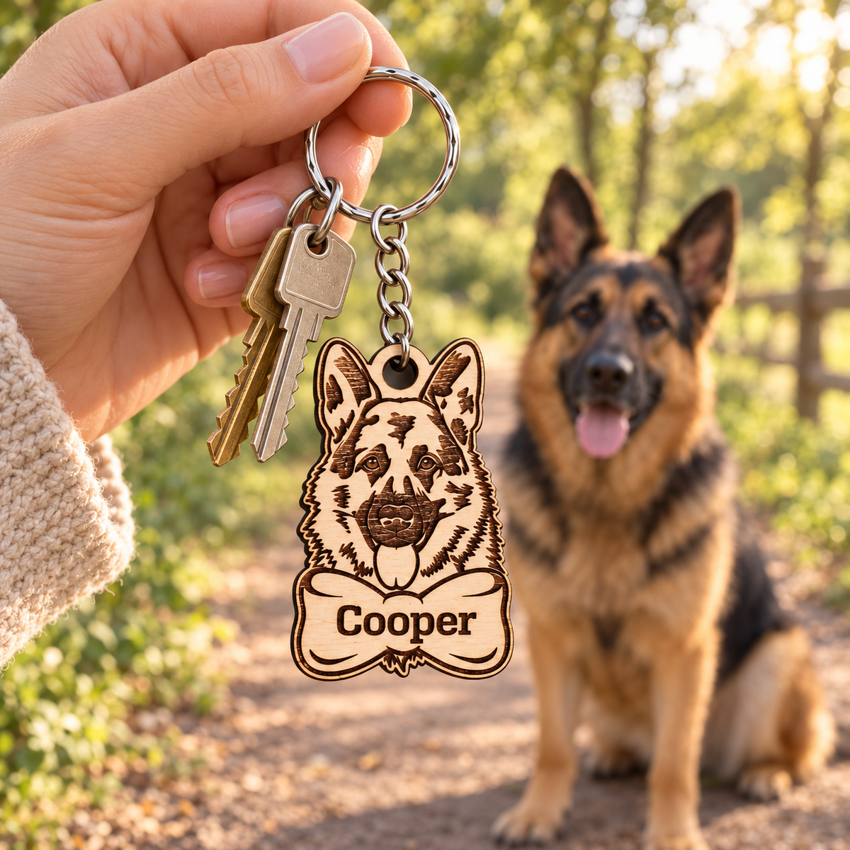 Personalised wooden German Shepherd keyring engraved Cooper, held beside keys with a dog on a woodland walk
