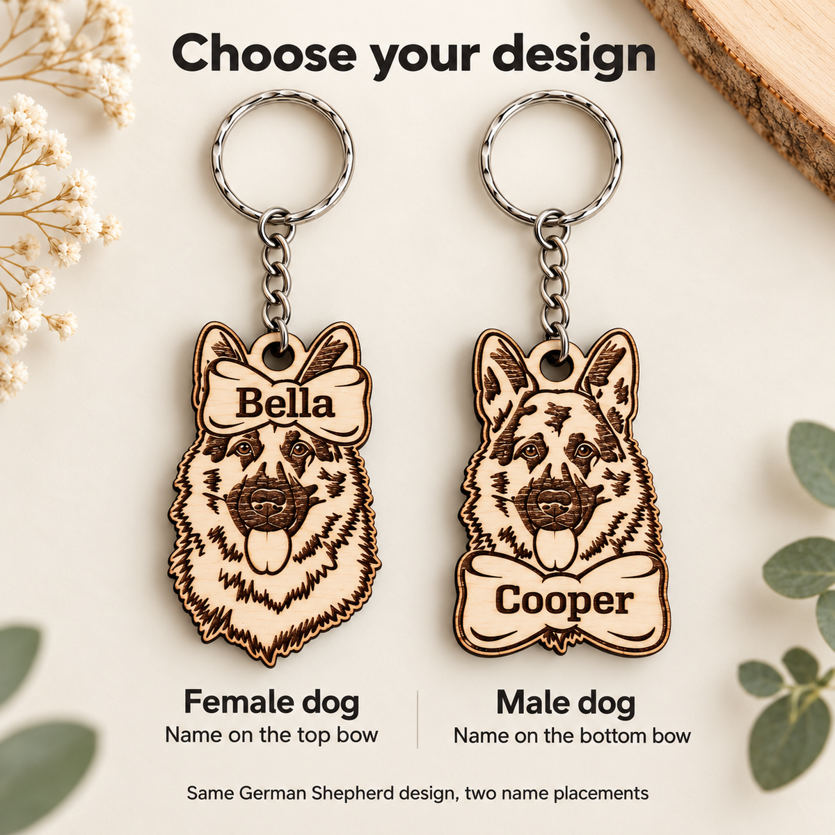German Shepherd keyring designs: female with name on the top bow and male with name on the bottom bow