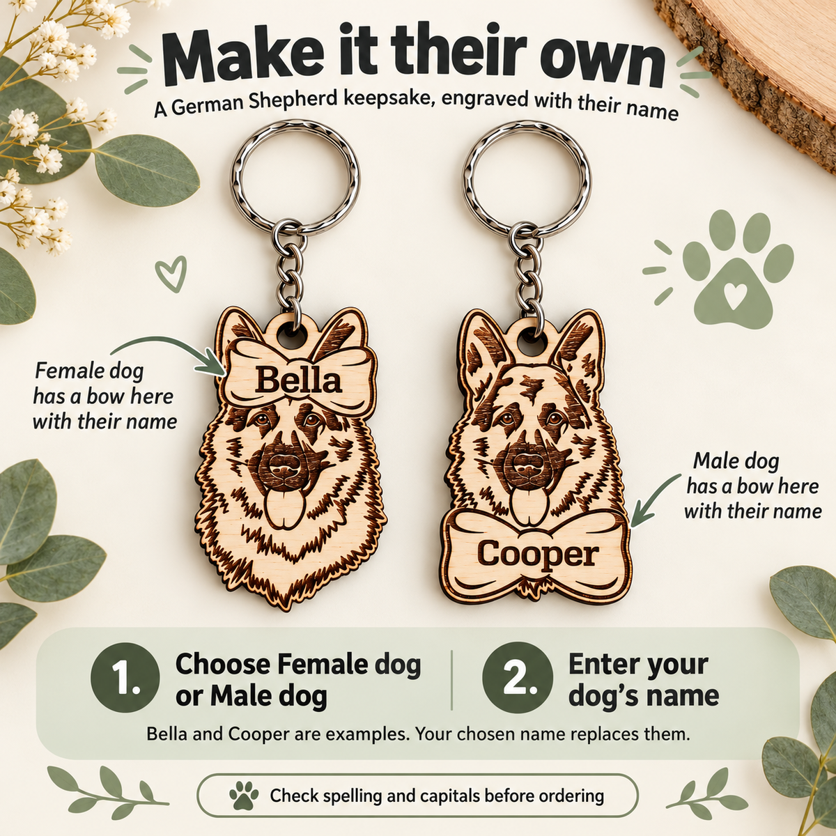How to personalise a German Shepherd keyring: choose a design, enter your dog's name and check the spelling