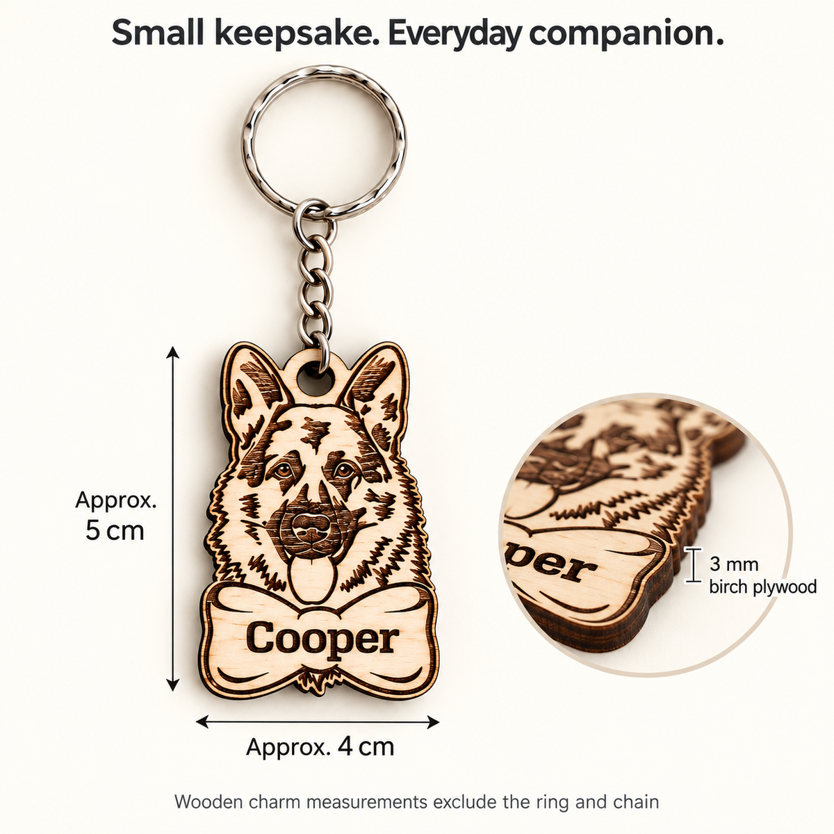 Wooden German Shepherd keyring size guide: approximately 5 cm high, 4 cm wide and 3 mm thick, excluding metal fittings