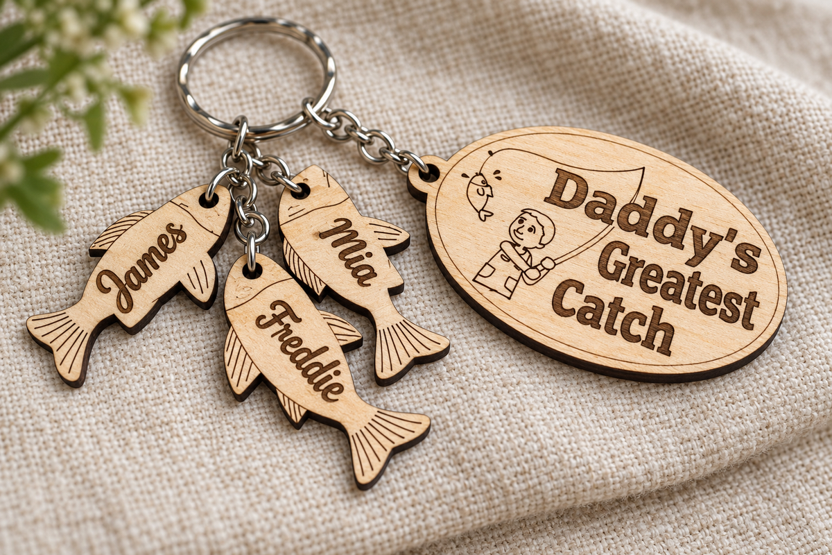 Close-up of the Greatest Catch oval, fisherman engraving and James, Mia and Freddie wooden fish charms