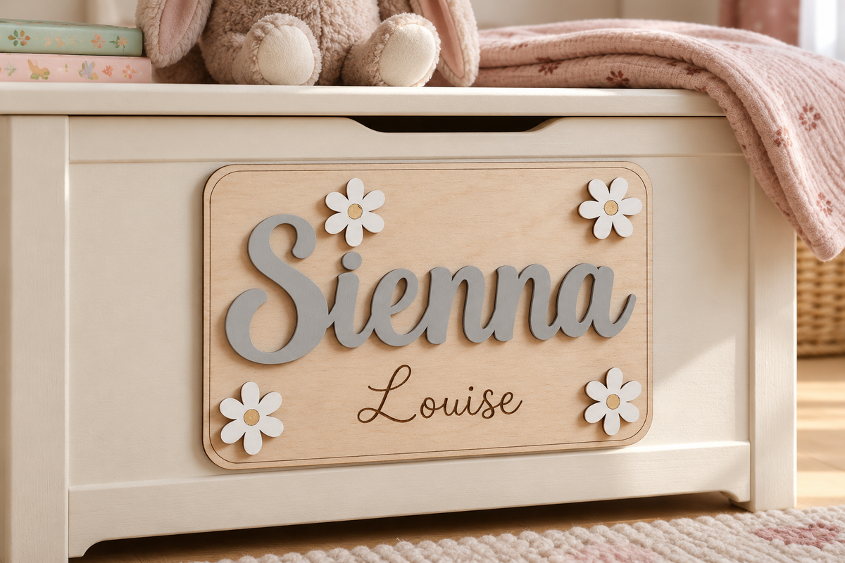 Grey Sienna daisy plaque with Louise engraved beneath displayed on a toy storage chest
