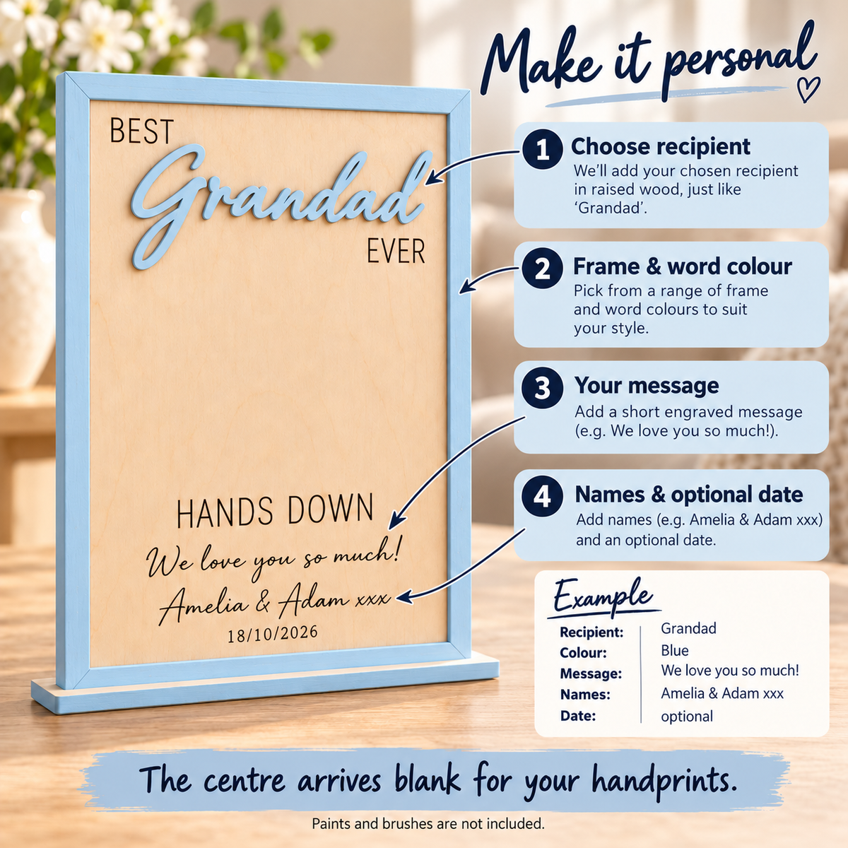 Personalisation guide showing recipient, frame and word colour, engraved message, children's names and optional date.