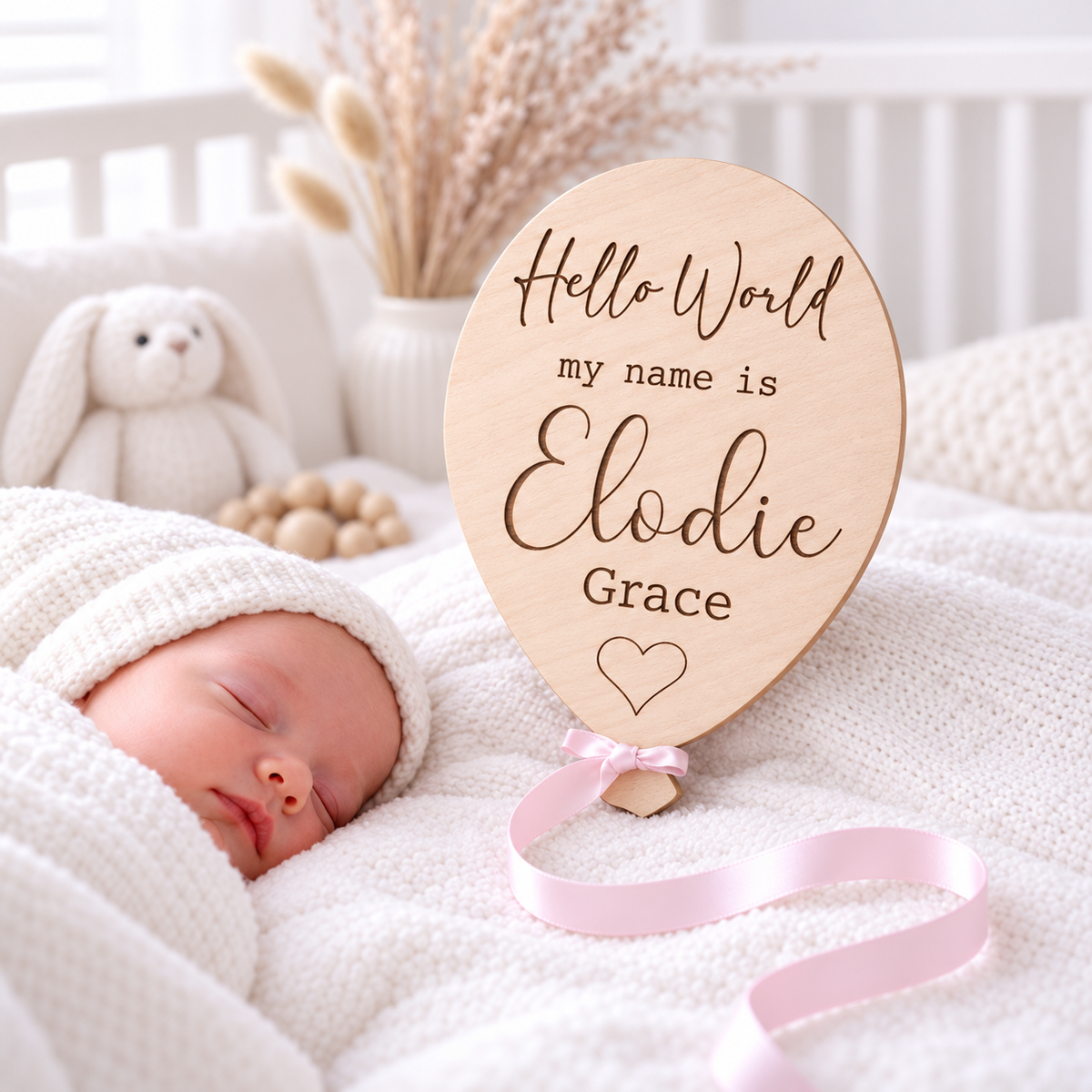 Hello World baby announcement balloon with Elodie and Grace engraved in dark lettering, pink satin ribbon and a sleeping newborn.