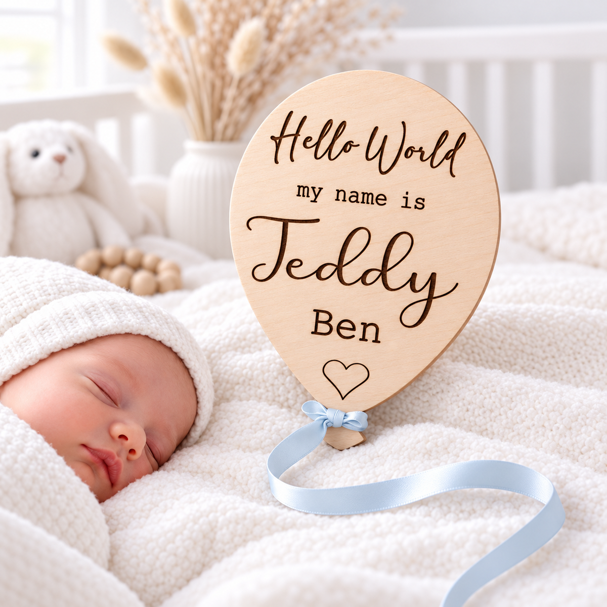 Personalised wooden Hello World plaque with Teddy and Ben engraved below, blue satin ribbon beside a newborn.