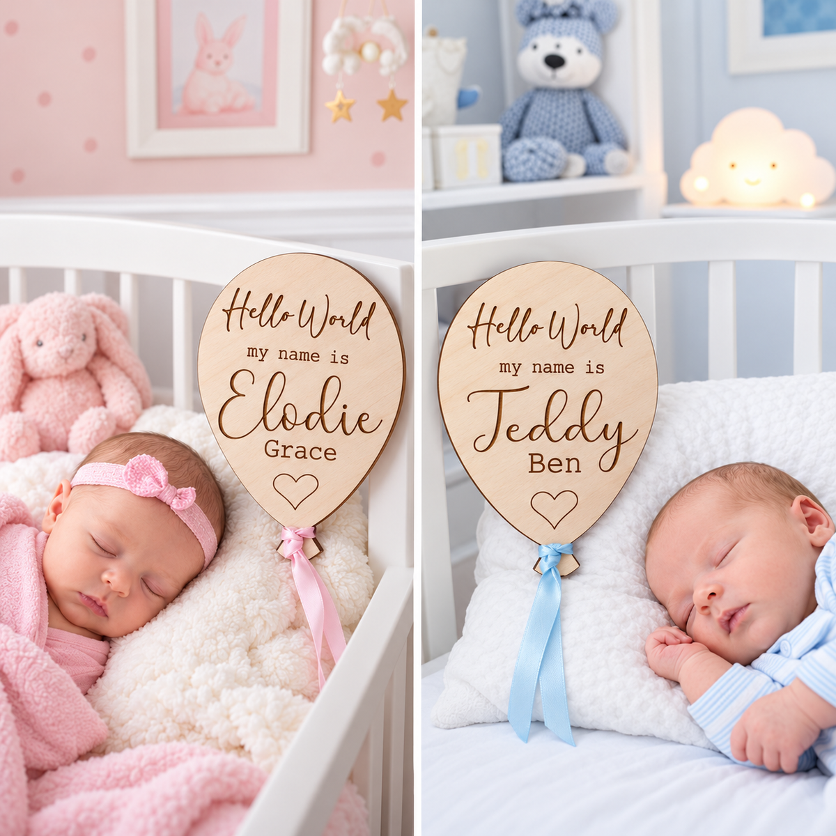 Pink and blue ribbon Hello World balloon plaques beside newborns, personalised with Elodie Grace and Teddy Ben.
