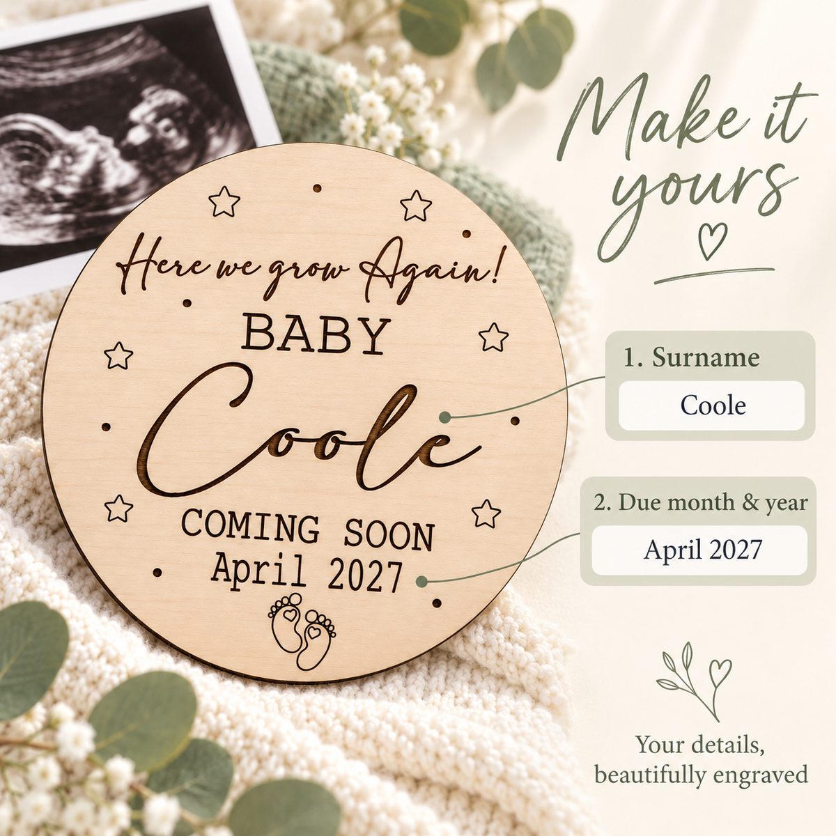 Personalisation guide showing surname Coole and due month and year April 2027