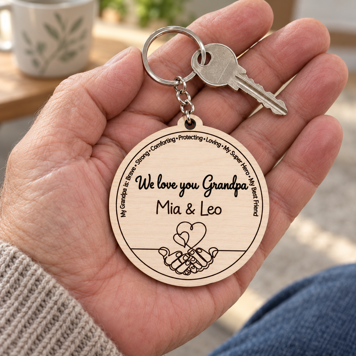 Personalised We Love You Grandpa wooden keyring with Mia and Leo names, pinky promise hands and hearts, held in a grandparent's hand