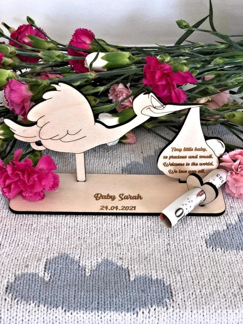 Personalised Wooden Stork New Baby Gift