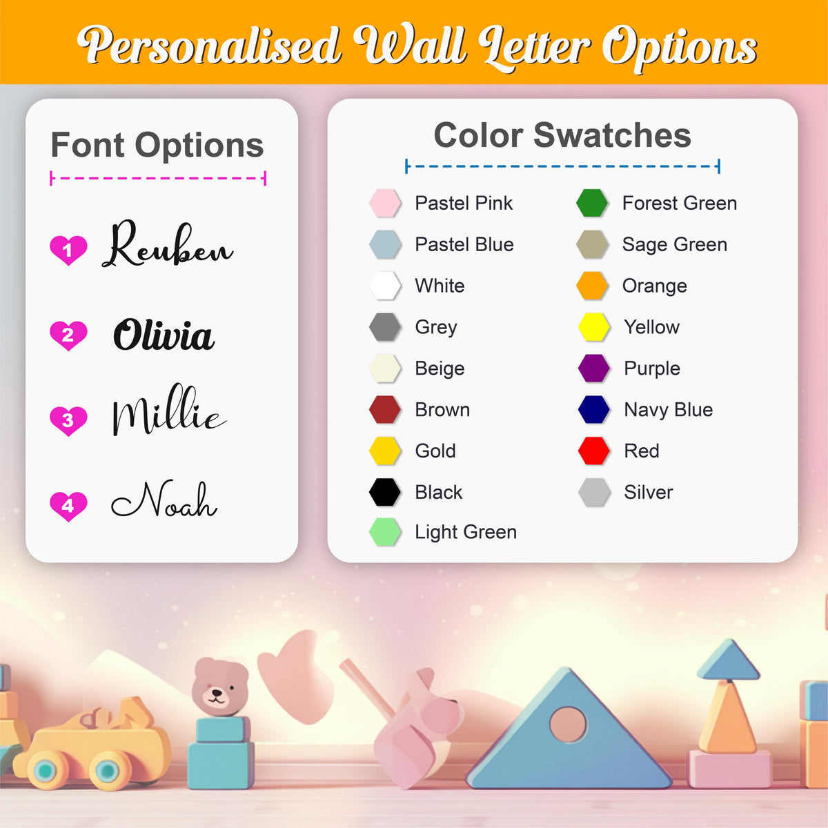 Personalised Wooden Family Name Sign -Fonts and Color Swatches.